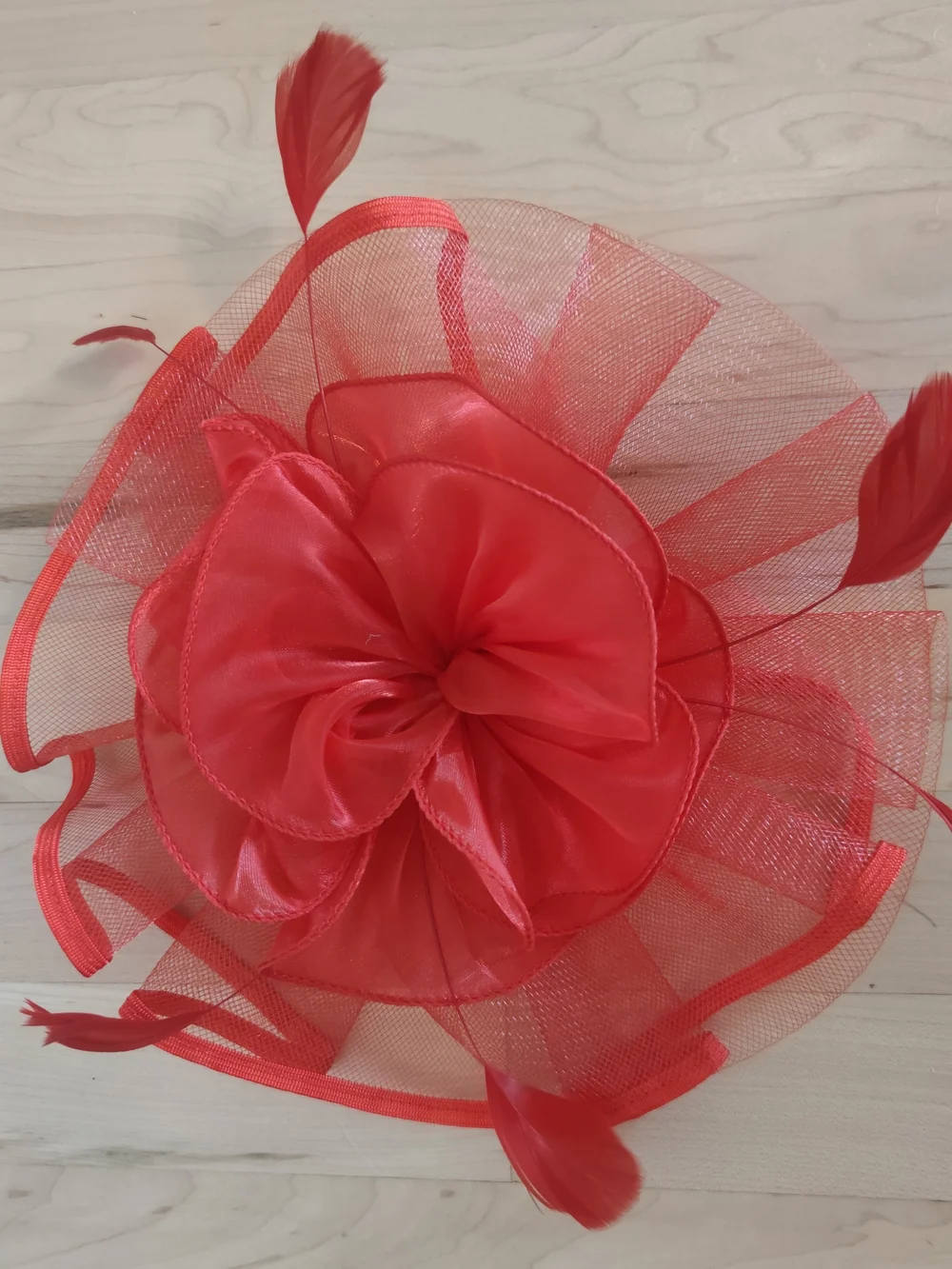 Red Floral Fascinator Hat with Feather Accents - Women Accessories